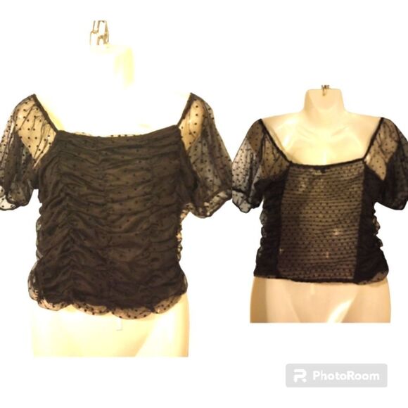 - Ambiance gathered tule polka dot off shoulder top with sheer back - Picture 1 of 11